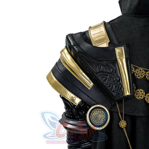 Final Fantasy XV Noctis The Chosen King cosplay costume layers gold-tone-trimmed shoulder armor over a dark textured cape.