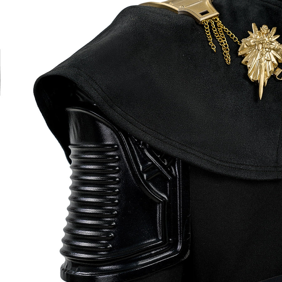 Final Fantasy XV Noctis The Chosen King cosplay costume layers a black fabric cape over rigid shoulder armor plating.