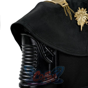 Final Fantasy XV Noctis The Chosen King cosplay costume layers a black fabric cape over rigid shoulder armor plating.