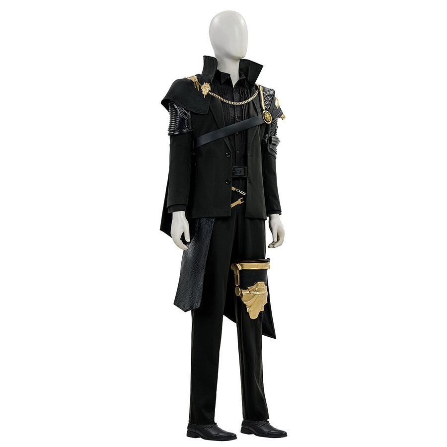 COSFUN Final Fantasy XV Noctis The Chosen King cosplay costume layers armor details over a sharp black tailored suit.