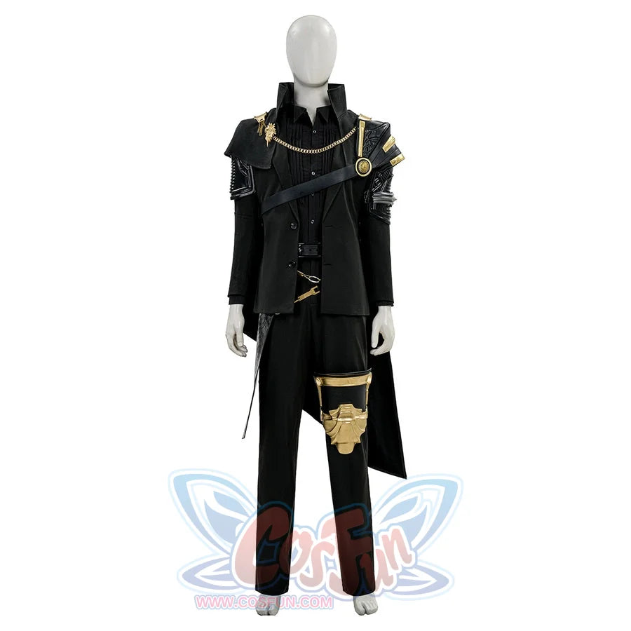Final Fantasy XV Noctis The Chosen King cosplay costume layers a black suit under gold-tone shoulder armor and a leg plate.