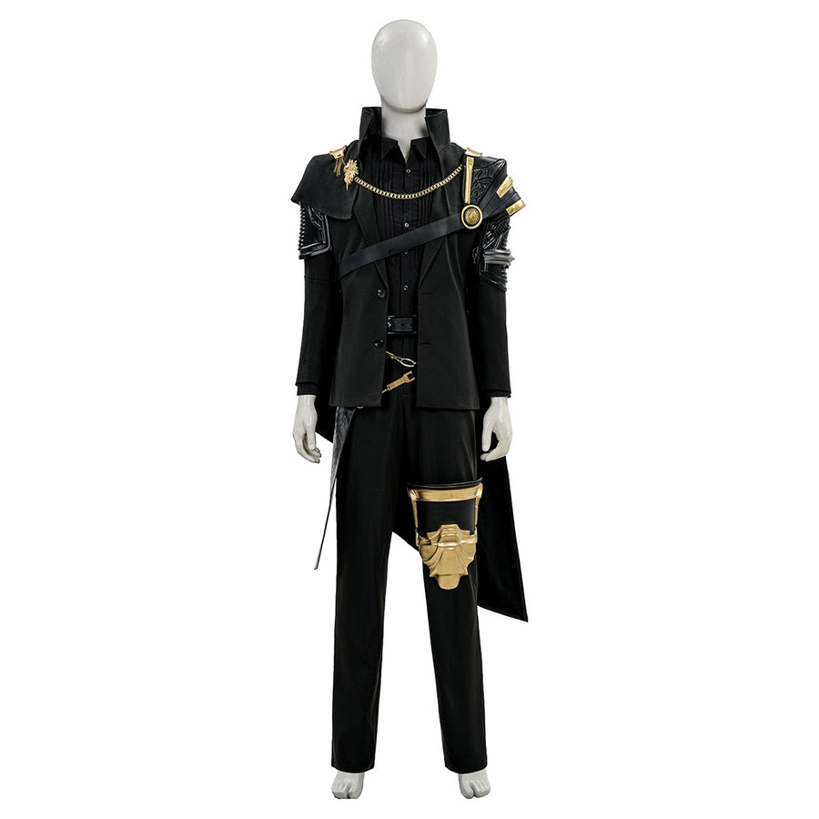 Final Fantasy XV Noctis The Chosen King cosplay costume layers a black suit under gold-tone shoulder armor and a leg plate.