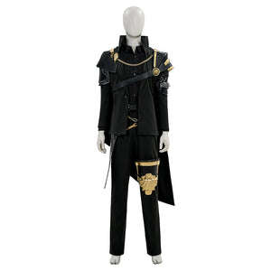 Final Fantasy XV Noctis The Chosen King cosplay costume layers a black suit under gold-tone shoulder armor and a leg plate.