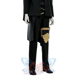 Final Fantasy XV Noctis The Chosen King cosplay costume layers a black tailored trouser piece under gold-tone leg armor.