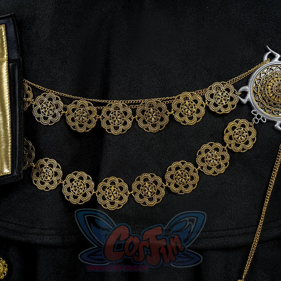 Final Fantasy XV Noctis The Chosen King cosplay costume layers gold-tone floral waist ornaments over dark fabric.