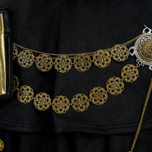 Final Fantasy XV Noctis The Chosen King cosplay costume layers gold-tone floral waist ornaments over dark fabric.