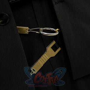 Final Fantasy XV Noctis The Chosen King cosplay costume waist ornament detail traces metal links across dark textile layers.