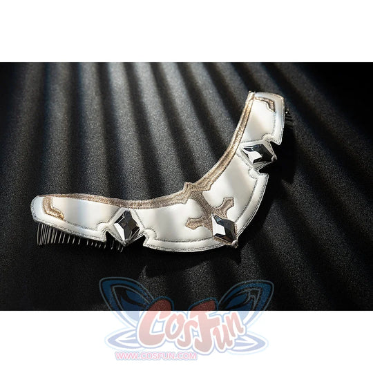 Genshin Impact Noelle cosplay arm guard flat lay shows white armor segments edged in gold trim.