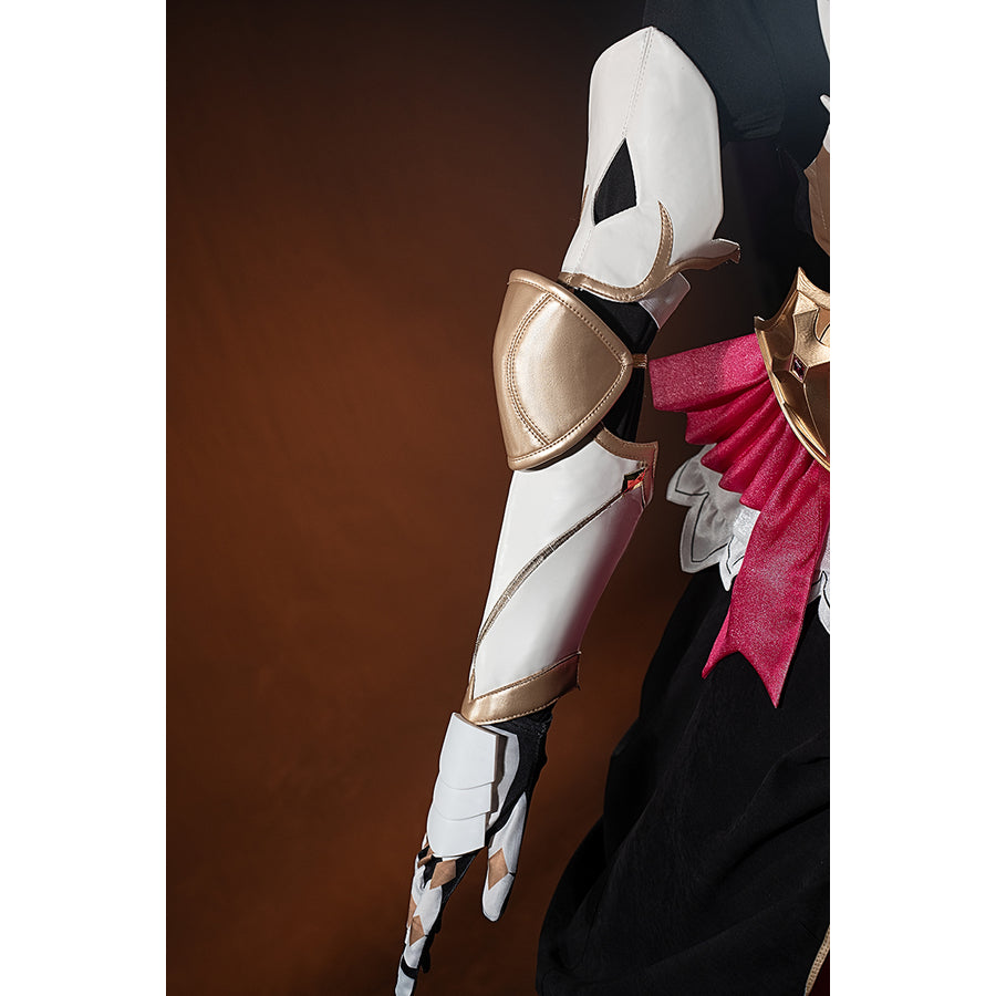 Genshin Impact Noelle cosplay arm guard side view shows white armor panels over the black sleeve.