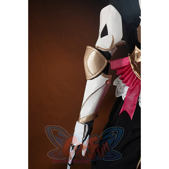 Genshin Impact Noelle cosplay arm guard side view shows white armor panels over the black sleeve.
