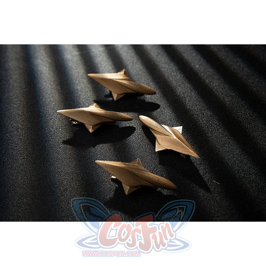 Genshin Impact Noelle cosplay back decorations appear as angular gold-tone accessory pieces.