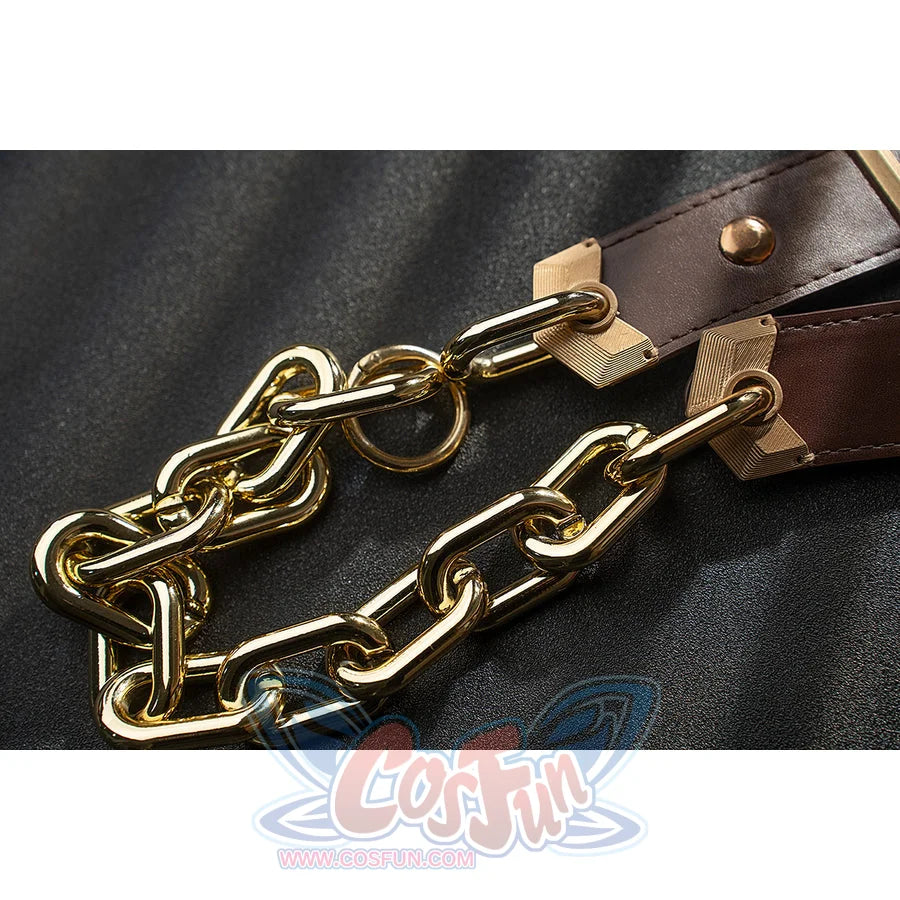 Genshin Impact Noelle cosplay belt chain detail focuses on gold-tone links over brown straps.