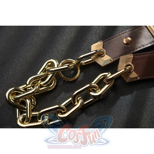 Genshin Impact Noelle cosplay belt chain detail focuses on gold-tone links over brown straps.