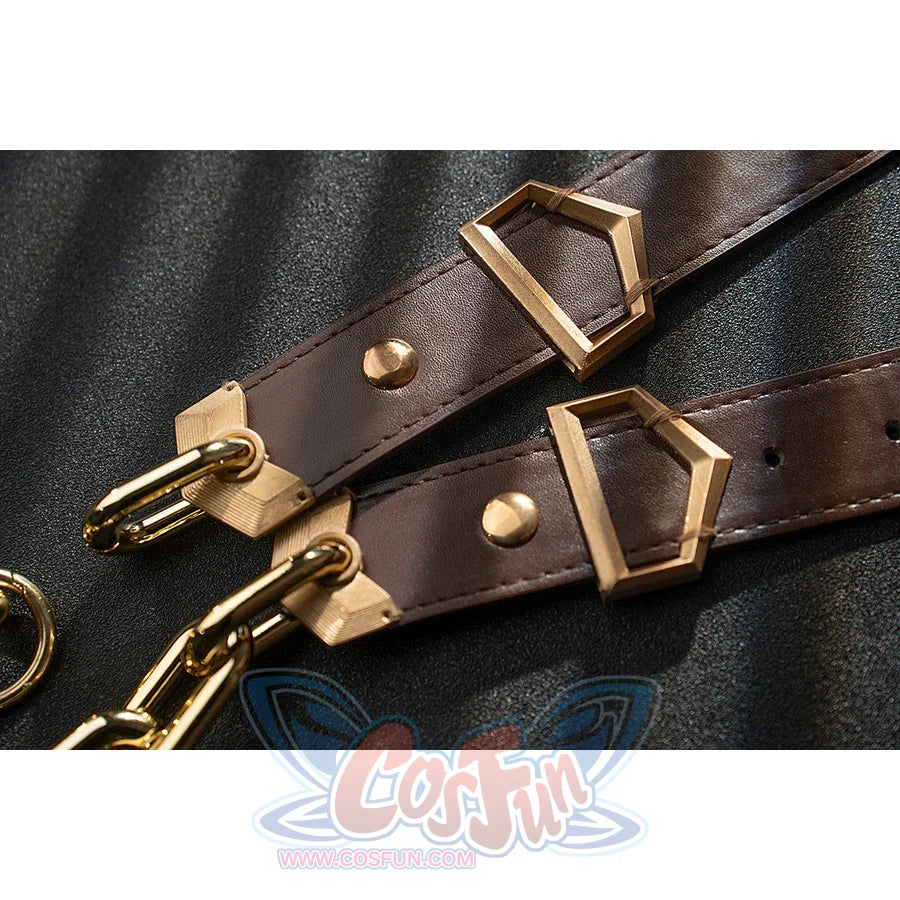 Genshin Impact Noelle cosplay belt detail shows brown straps, gold-tone buckles and chain accents.