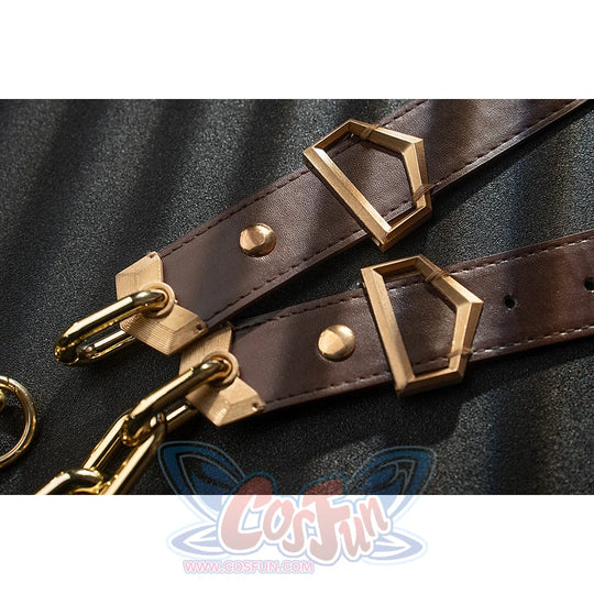 Genshin Impact Noelle cosplay belt detail shows brown straps, gold-tone buckles and chain accents.