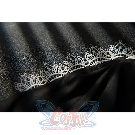 Genshin Impact Noelle cosplay black lace fabric swatch shows delicate floral edging over dark cloth.