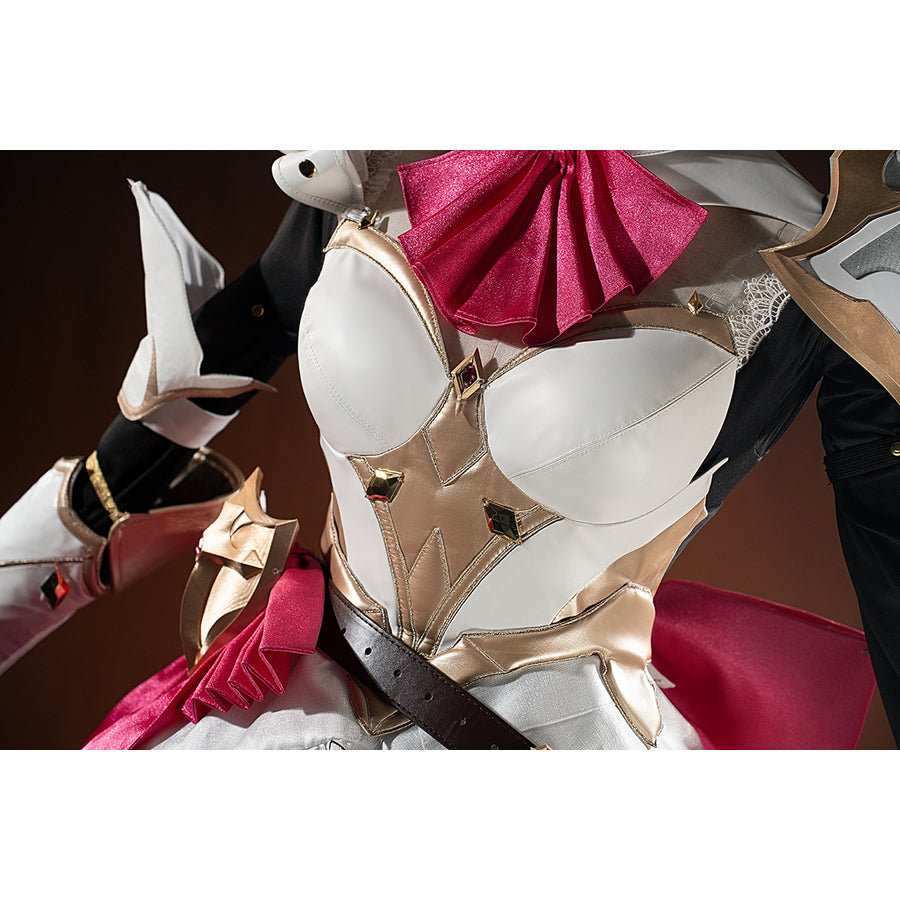 Genshin Impact Noelle cosplay bodice armor detail layers white chest panels over gold-trimmed straps.