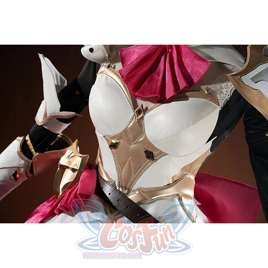 Genshin Impact Noelle cosplay bodice armor detail layers white chest panels over gold-trimmed straps.