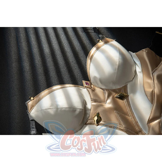 Genshin Impact Noelle cosplay bodice armor panels show white curved pieces edged with gold trim.