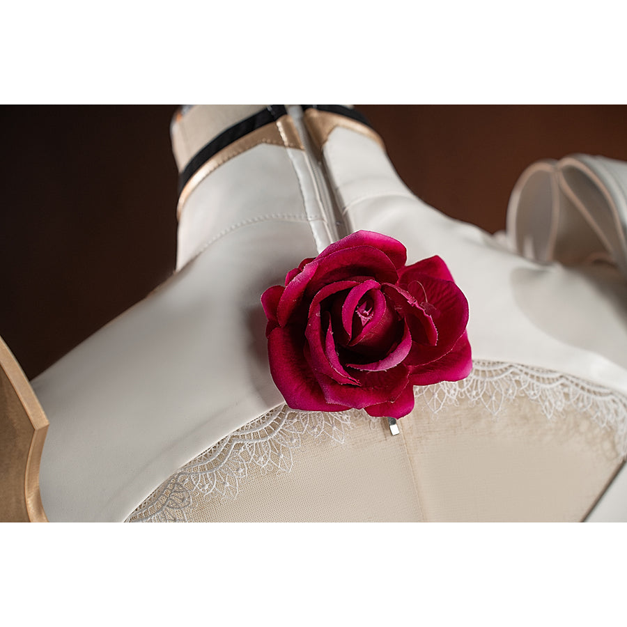 Genshin Impact Noelle cosplay chest decoration detail places a red rose above the white lace neckline.
