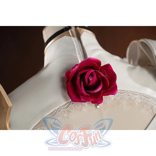 Genshin Impact Noelle cosplay chest decoration detail places a red rose above the white lace neckline.