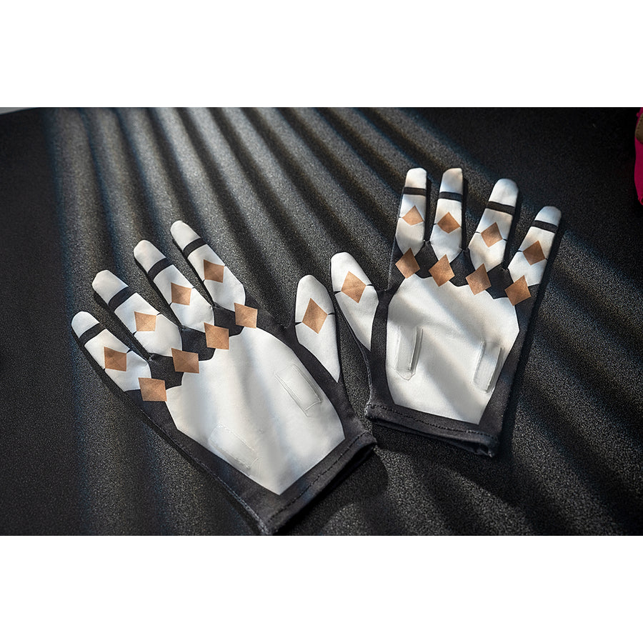 Genshin Impact Noelle cosplay gloves show white palms, gray finger panels and gold fingertip accents.