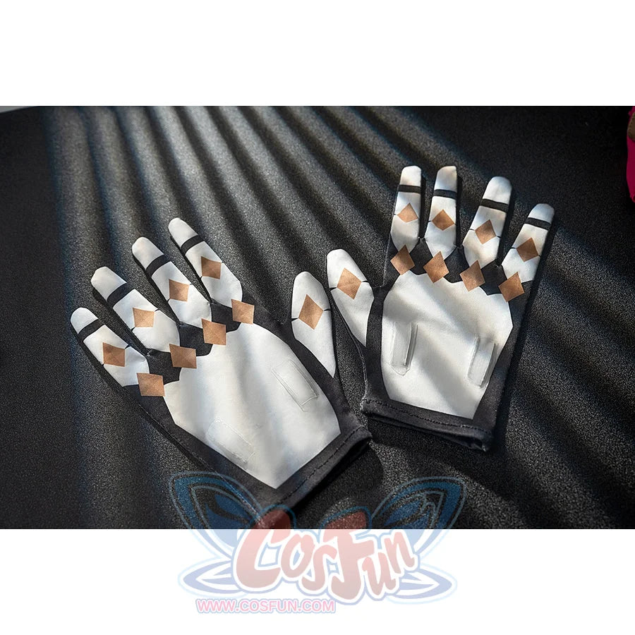 Genshin Impact Noelle cosplay gloves show white palms, gray finger panels and gold fingertip accents.