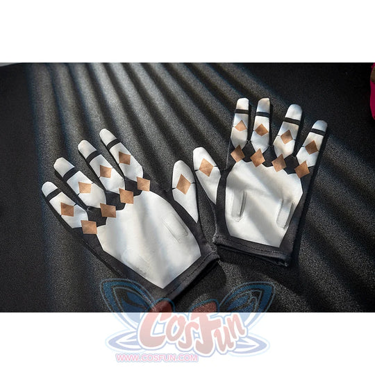 Genshin Impact Noelle cosplay gloves show white palms, gray finger panels and gold fingertip accents.