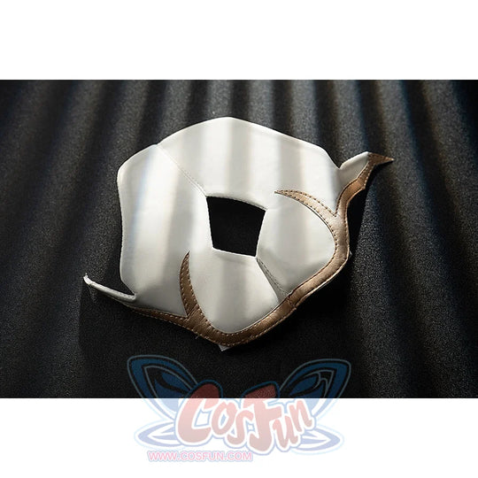 Genshin Impact Noelle cosplay knee pad detail shows white armor edged with gold trim.
