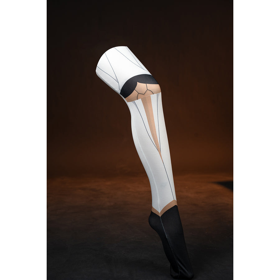 Genshin Impact Noelle cosplay leg accessory front view shows white panels over sheer stockings.