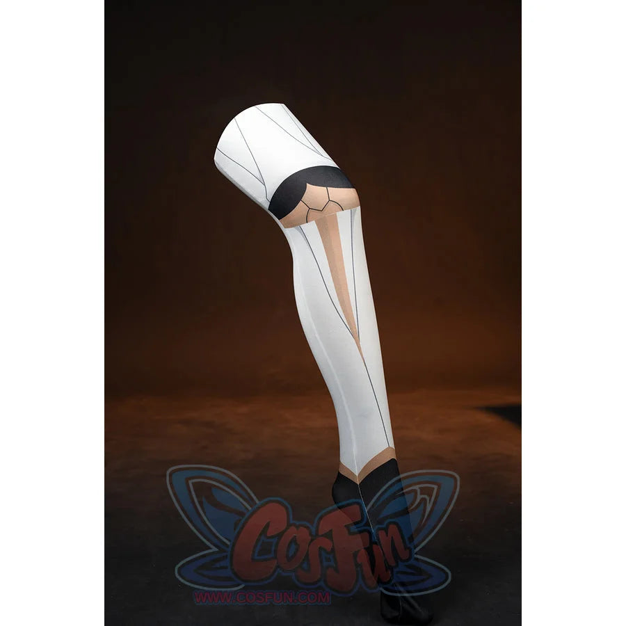 Genshin Impact Noelle cosplay leg accessory front view shows white panels over sheer stockings.