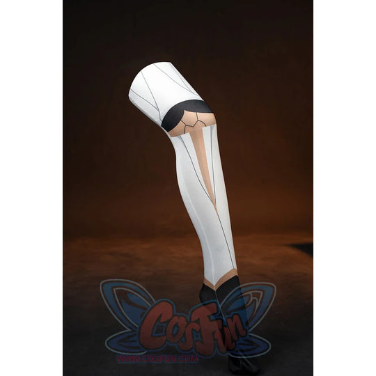 Genshin Impact Noelle cosplay leg accessory front view shows white panels over sheer stockings.