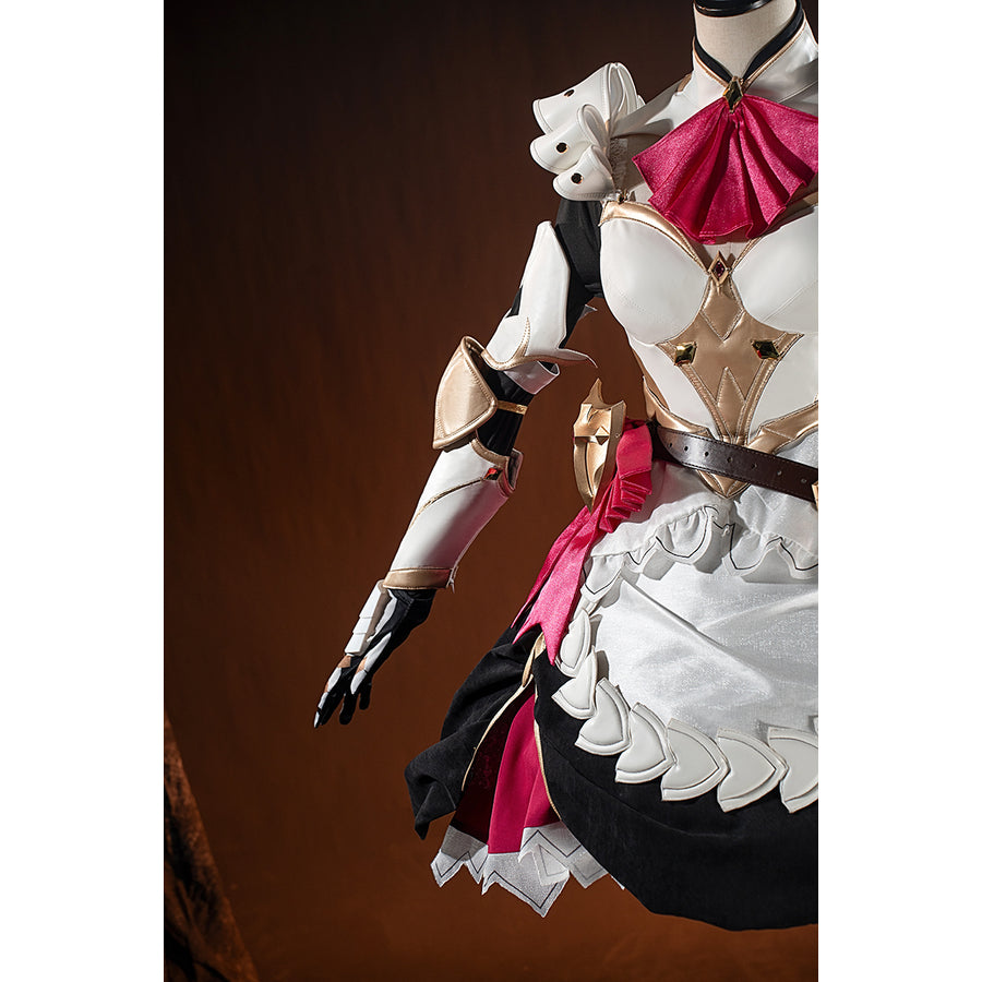 Genshin Impact Noelle cosplay side bodice detail pairs white armor panels with black sleeve accents.