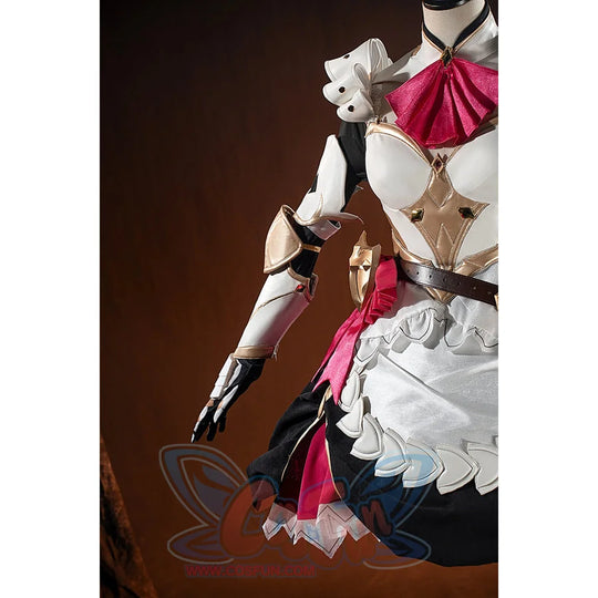 Genshin Impact Noelle cosplay side bodice detail pairs white armor panels with black sleeve accents.