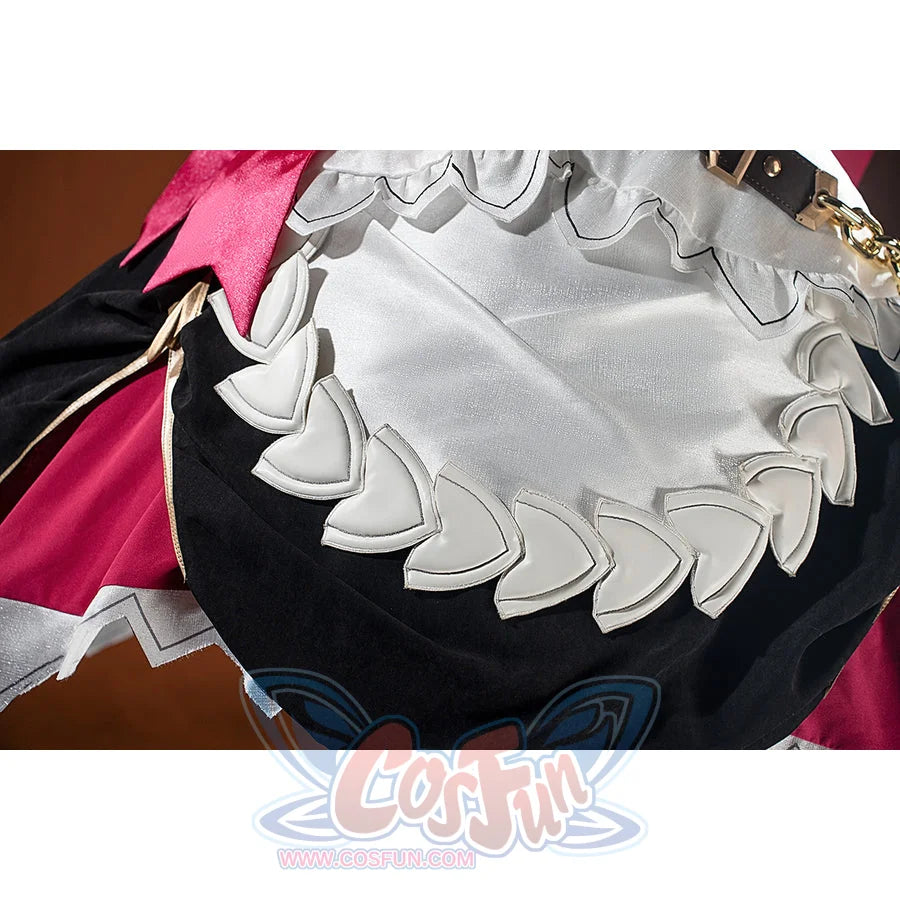 Genshin Impact Noelle cosplay skirt hem detail highlights white petal lace layered over black and red fabric.