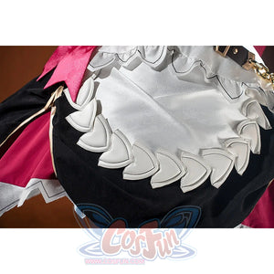 Genshin Impact Noelle cosplay skirt hem detail highlights white petal lace layered over black and red fabric.