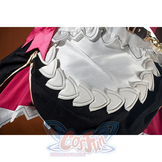 Genshin Impact Noelle cosplay skirt hem detail highlights white petal lace layered over black and red fabric.