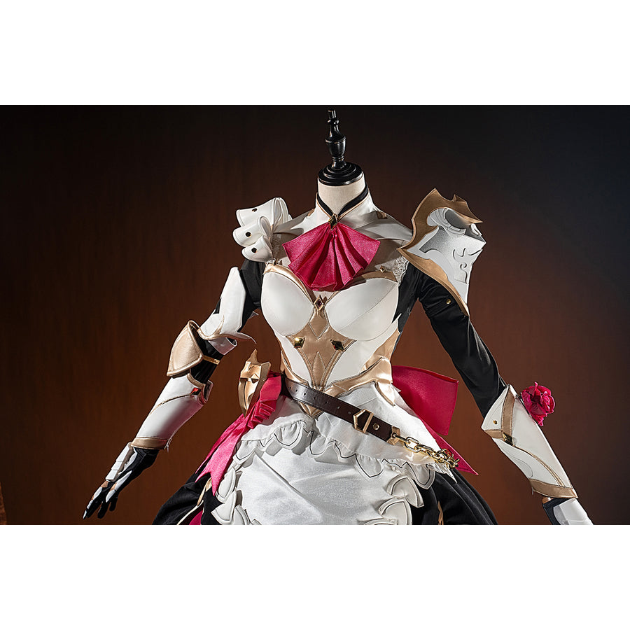 Genshin Impact Noelle cosplay upper bodice detail frames the white armor neckline and pink scarf.