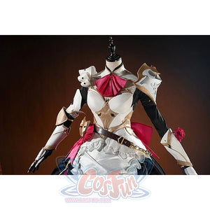 Genshin Impact Noelle cosplay upper bodice detail frames the white armor neckline and pink scarf.