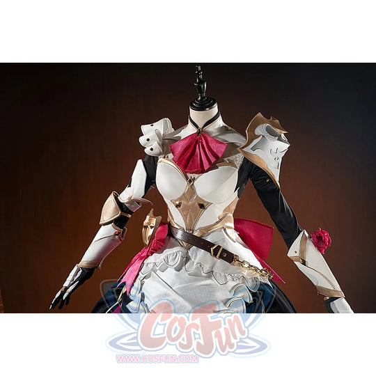 Genshin Impact Noelle cosplay upper bodice detail frames the white armor neckline and pink scarf.