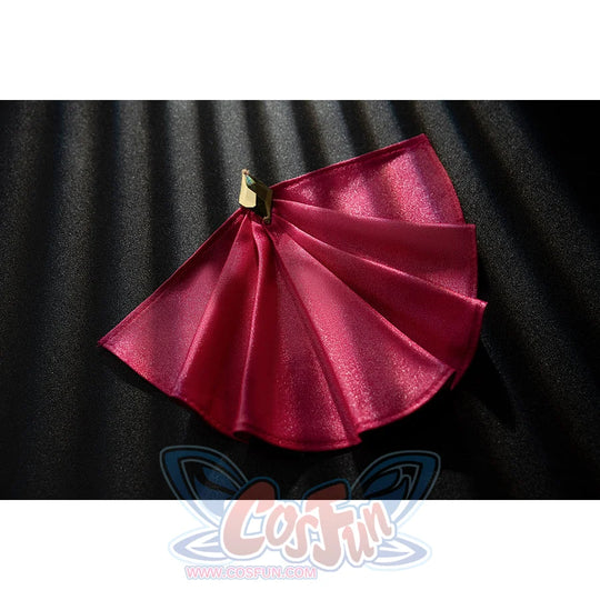 Genshin Impact Noelle cosplay waist bow flat lay shows pink satin folds and gold-tone tips.