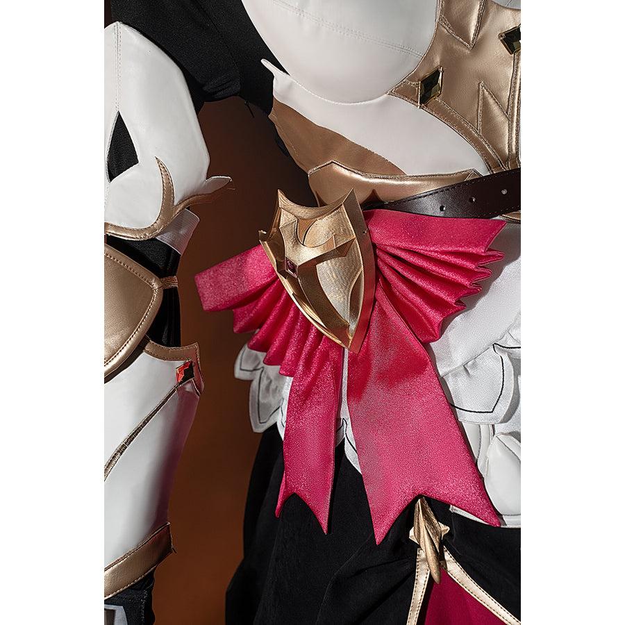 Genshin Impact Noelle cosplay waist bow side detail layers pink satin over the black and white skirt.