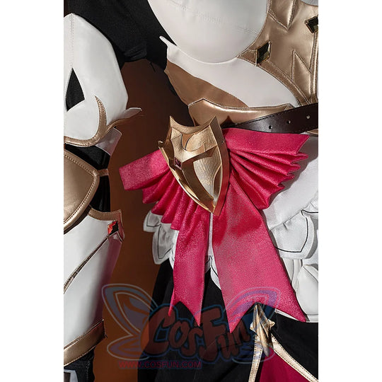 Genshin Impact Noelle cosplay waist bow side detail layers pink satin over the black and white skirt.