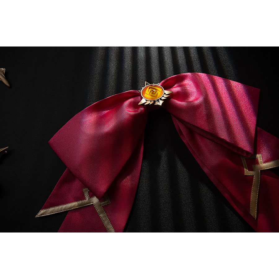 Genshin Impact Noelle cosplay waist decoration bow shows pleated pink satin and gold-tone tips.