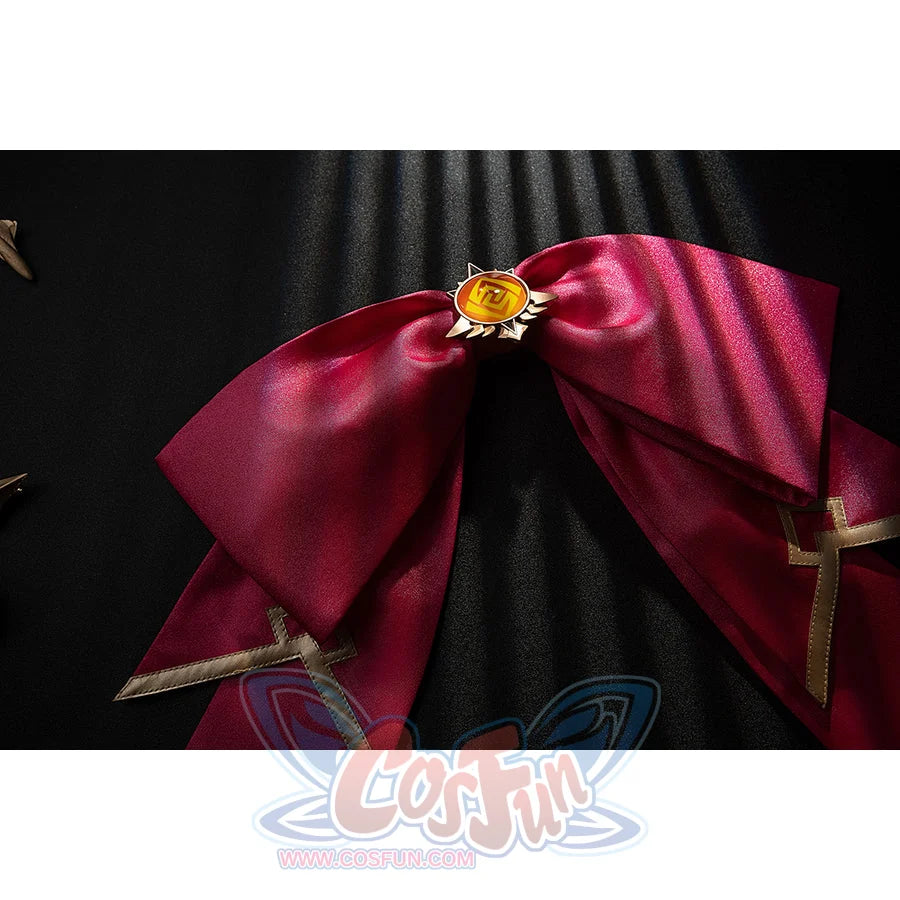 Genshin Impact Noelle cosplay waist decoration bow shows pleated pink satin and gold-tone tips.