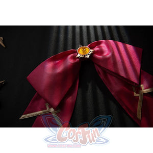 Genshin Impact Noelle cosplay waist decoration bow shows pleated pink satin and gold-tone tips.