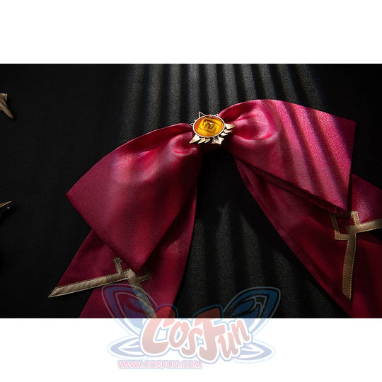 Genshin Impact Noelle cosplay waist decoration bow shows pleated pink satin and gold-tone tips.