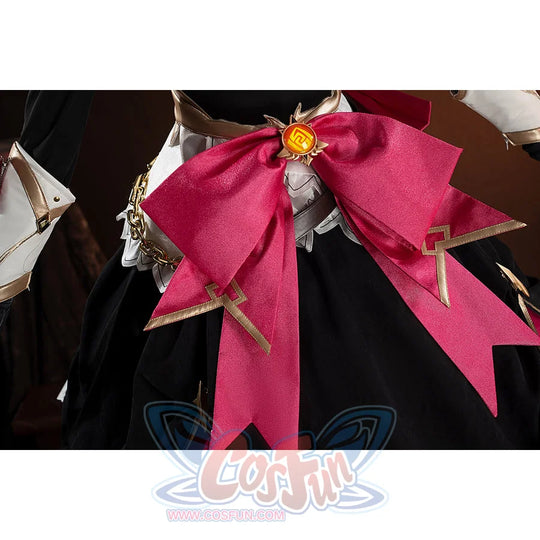 Genshin Impact Noelle cosplay waist decoration detail centers the pink bow and gold-tone emblem.