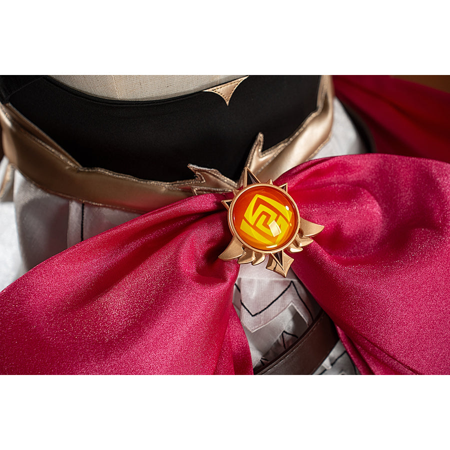 Genshin Impact Noelle cosplay waist decoration detail sets a gold-tone emblem at the pink bow center.