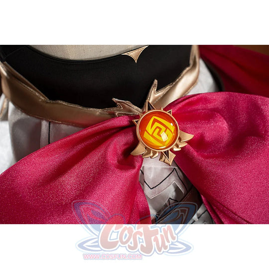 Genshin Impact Noelle cosplay waist decoration detail sets a gold-tone emblem at the pink bow center.